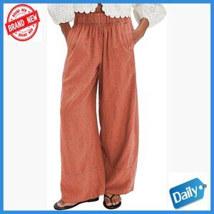 Linen Wide Leg Pants Elastic Waist Palazzo Trousers with Pockets